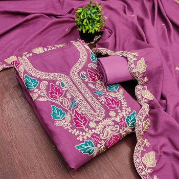 women's purple unstitched vichitra dress material with embroidered dupatta 3