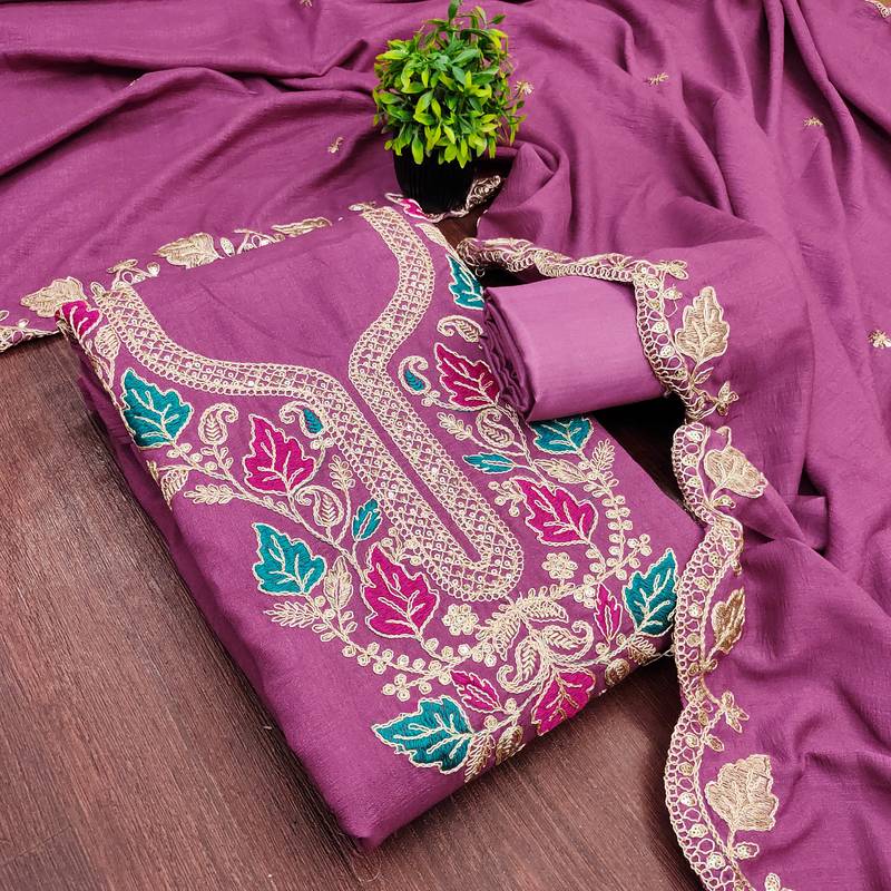 women's purple unstitched vichitra dress material with embroidered dupatta