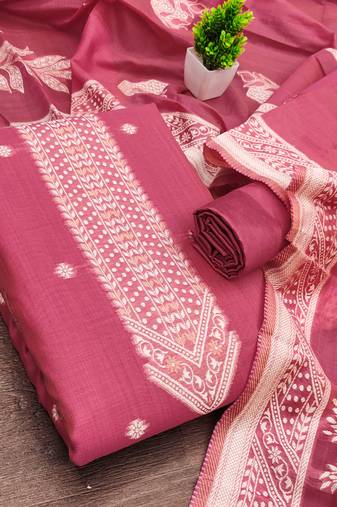 women's pink unstitched jacquard dress material with stylish woven dupatta 