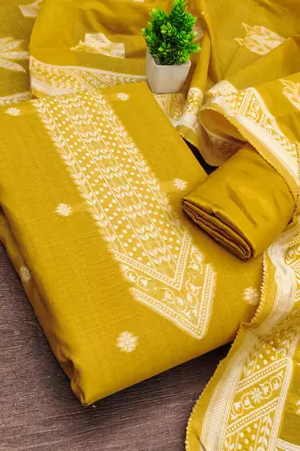women's mustard unstitched jacquard dress material with stylish woven dupatta