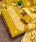 women's mustard unstitched jacquard dress material with stylish woven dupatta