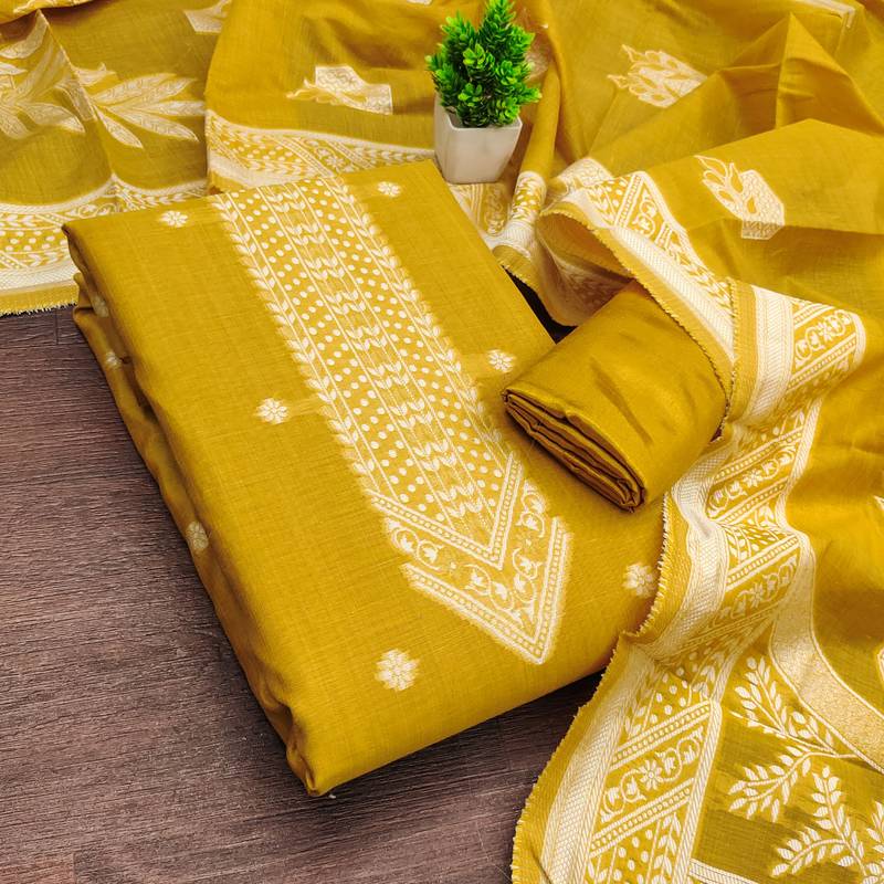 women's mustard unstitched jacquard dress material with stylish woven dupatta