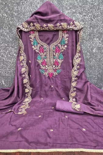 women's lavender unstitched vichitra dress material with embroidered dupatta