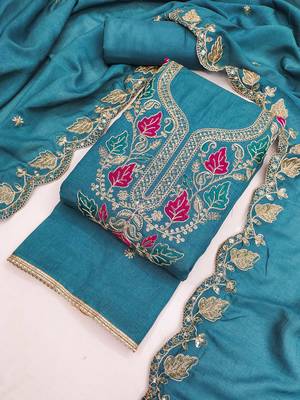 women's sea green unstitched vichitra dress material with embroidered dupatta 4