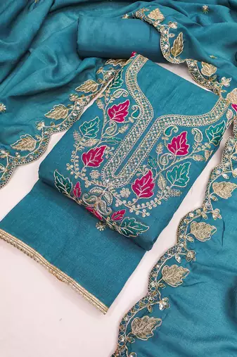 women's sea green unstitched vichitra dress material with embroidered dupatta