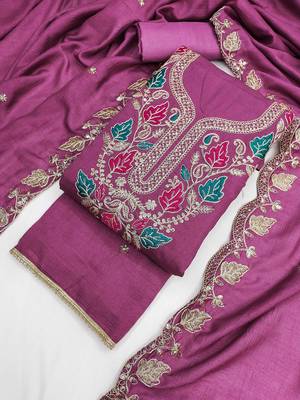 women's purple unstitched vichitra dress material with embroidered dupatta 4