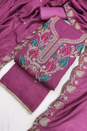 women's purple unstitched vichitra dress material with embroidered dupatta