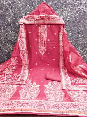 women's pink unstitched jacquard dress material with stylish woven dupatta  2