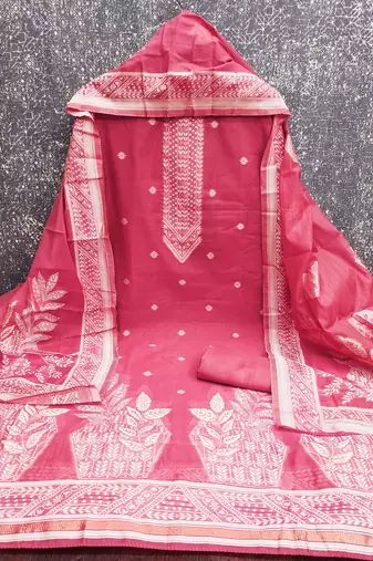 women's pink unstitched jacquard dress material with stylish woven dupatta 