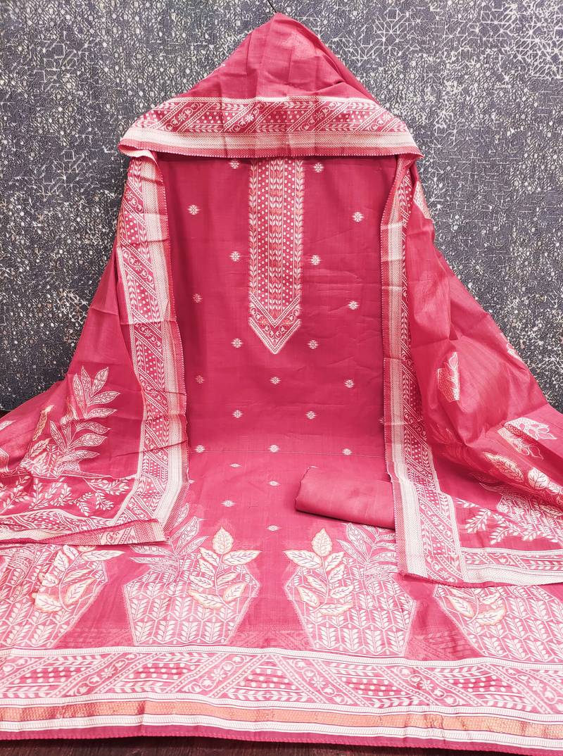 women's pink unstitched jacquard dress material with stylish woven dupatta 