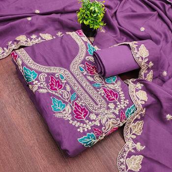 women's lavender unstitched vichitra dress material with embroidered dupatta 3
