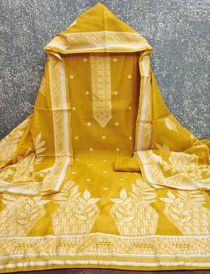 women's mustard unstitched jacquard dress material with stylish woven dupatta 2