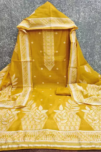 women's mustard unstitched jacquard dress material with stylish woven dupatta