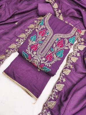 women's lavender unstitched vichitra dress material with embroidered dupatta 4