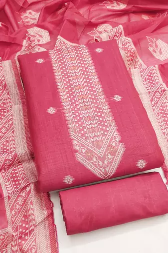 women's pink unstitched jacquard dress material with stylish woven dupatta 
