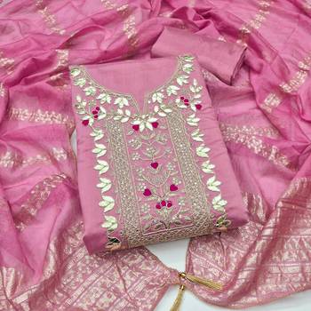 women's pink unstitched roman silk dress material with woven dupatta ) 1