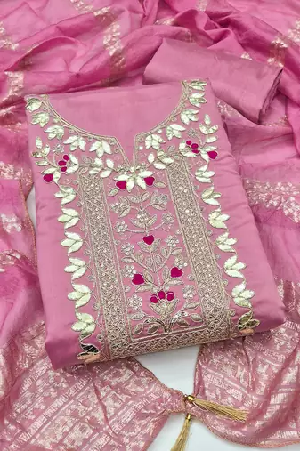 women's pink unstitched roman silk dress material with woven dupatta )