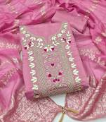women's pink unstitched roman silk dress material with woven dupatta )