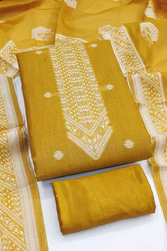 women's mustard unstitched jacquard dress material with stylish woven dupatta