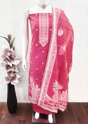 women's pink unstitched jacquard dress material with stylish woven dupatta  4