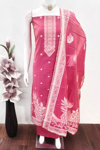 women's pink unstitched jacquard dress material with stylish woven dupatta 