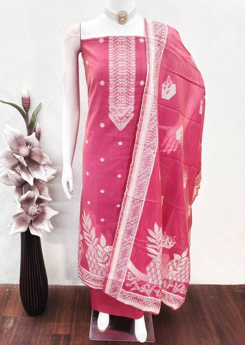 women's pink unstitched jacquard dress material with stylish woven dupatta 