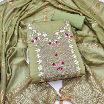 women's olive green unstitched roman silk dress material with woven dupatta 1