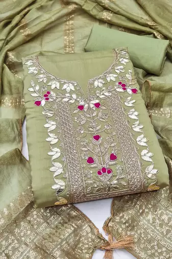 women's olive green unstitched roman silk dress material with woven dupatta