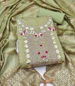 women's olive green unstitched roman silk dress material with woven dupatta