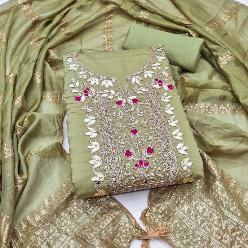 women's olive green unstitched roman silk dress material with woven dupatta
