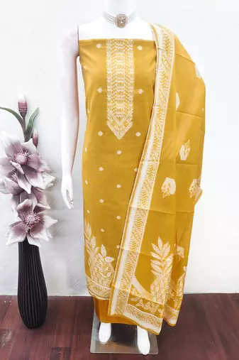 women's mustard unstitched jacquard dress material with stylish woven dupatta