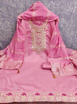 women's pink unstitched roman silk dress material with woven dupatta ) 2