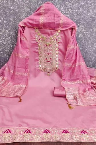 women's pink unstitched roman silk dress material with woven dupatta )