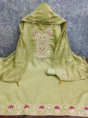 women's olive green unstitched roman silk dress material with woven dupatta 2