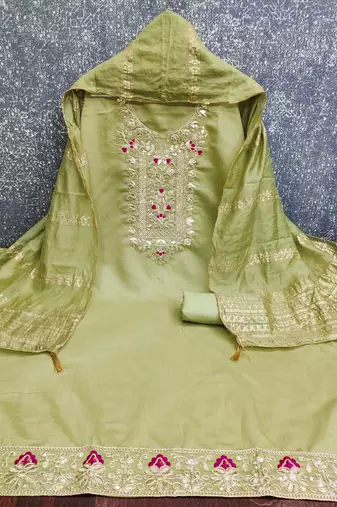 women's olive green unstitched roman silk dress material with woven dupatta
