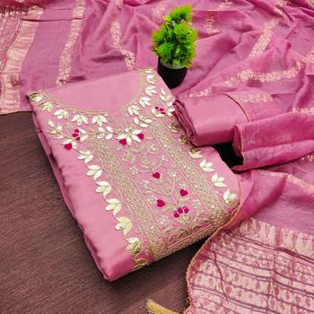 women's pink unstitched roman silk dress material with woven dupatta ) 3