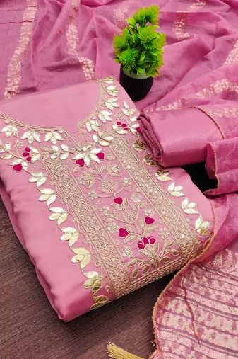 women's pink unstitched roman silk dress material with woven dupatta )
