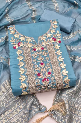 women's steel blue unstitched roman silk dress material with woven dupatta
