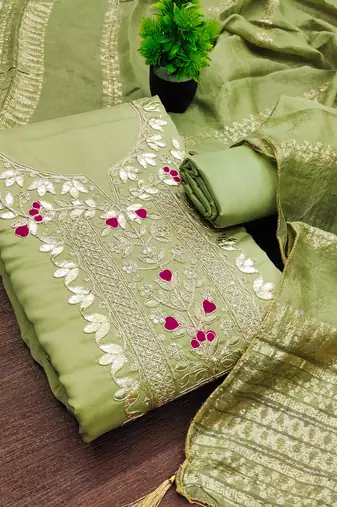 women's olive green unstitched roman silk dress material with woven dupatta