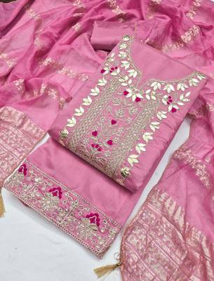 women's pink unstitched roman silk dress material with woven dupatta ) 4