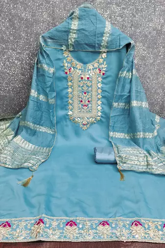women's steel blue unstitched roman silk dress material with woven dupatta