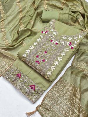 women's olive green unstitched roman silk dress material with woven dupatta 4