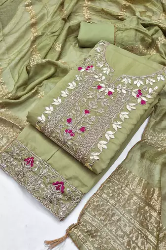 women's olive green unstitched roman silk dress material with woven dupatta