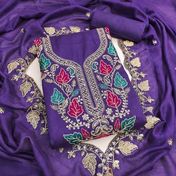 women's blue unstitched vichitra dress material with embroidered dupatta 1