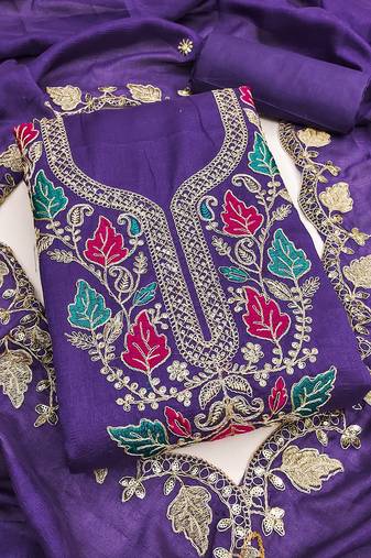 women's blue unstitched vichitra dress material with embroidered dupatta