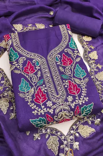 women's blue unstitched vichitra dress material with embroidered dupatta