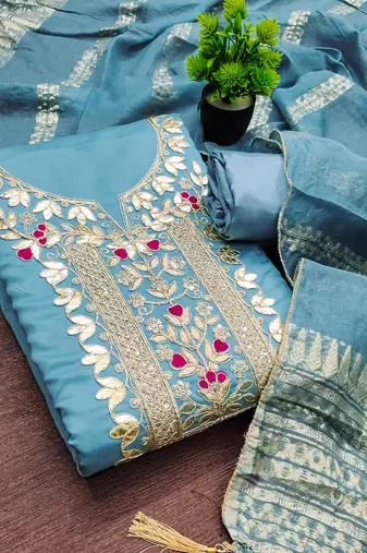 women's steel blue unstitched roman silk dress material with woven dupatta