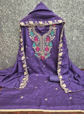 women's blue unstitched vichitra dress material with embroidered dupatta 2