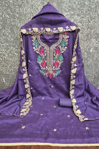 women's blue unstitched vichitra dress material with embroidered dupatta