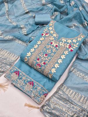 women's steel blue unstitched roman silk dress material with woven dupatta 4